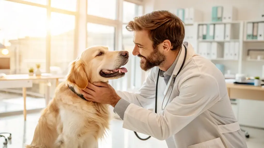 A friendly veterinarian examining a happy golden retriever in a modern clinic setting.