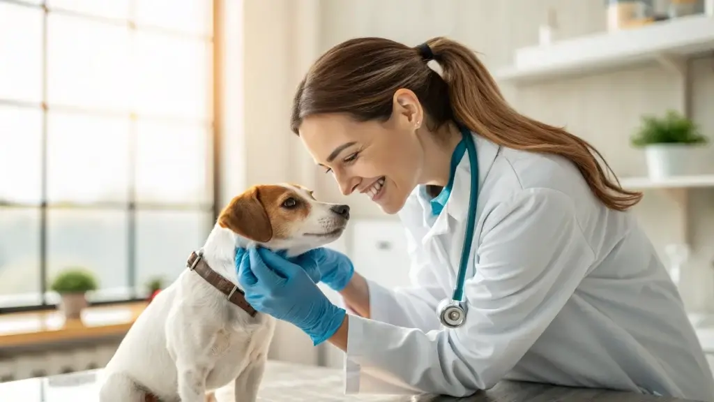 A professional and compassionate veterinarian examining a small dog in a clean, modern clinic in Multan.